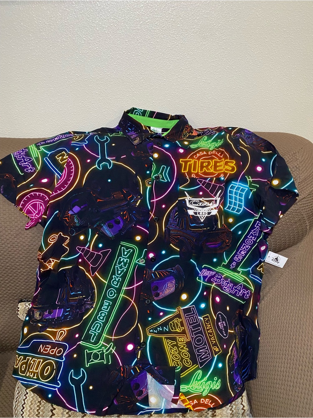 Disney Parks Pixar Cars Land Button Up Shirt Top L/Large Neon Luigis Tires NEW